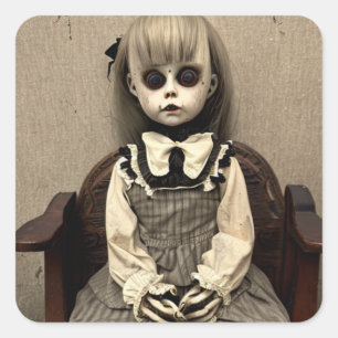 Super Creepy Haunted Old Antique Doll Halloween Square Sticker