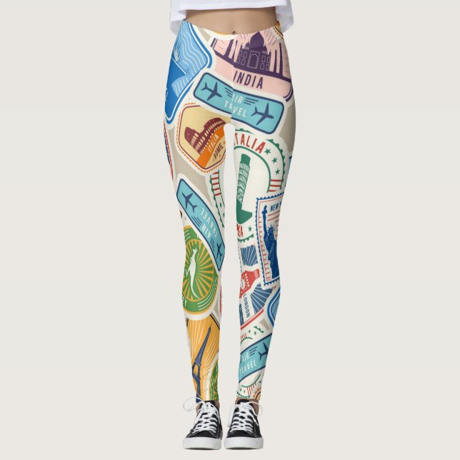 Super Cute and Colorful Passport Stamps Leggings (Front)