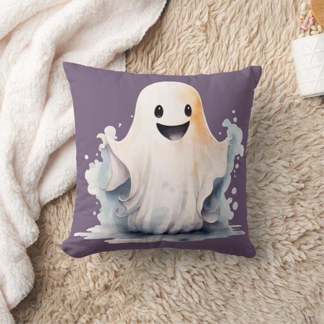 Super Cute and Happy Ghost Light Purple Halloween Throw Pillow (Blanket)
