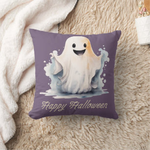 Super Cute and Happy Ghost Purple Happy Halloween Throw Pillow