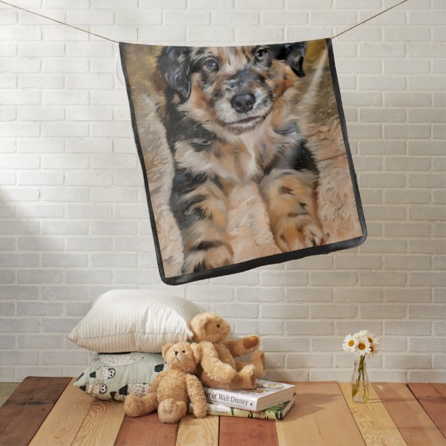 Super Cute Australian Shepard Puppy Baby Blanket (In Situ)