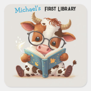 Super Cute Baby Cow Reading a Book Square Sticker