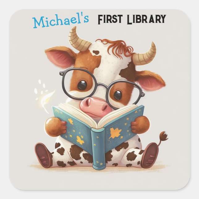 Super Cute Baby Cow Reading a Book Square Sticker (Front)