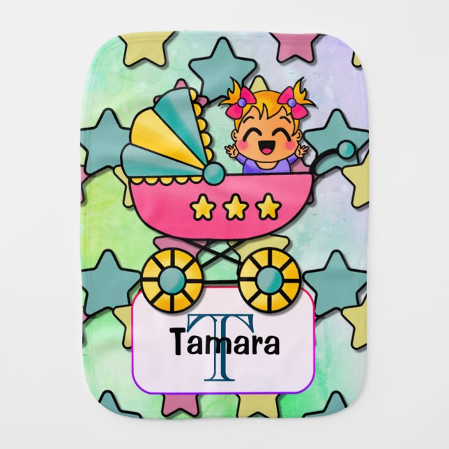 Super Cute Baby Girl with Stars Baby Burp Cloth (Front)