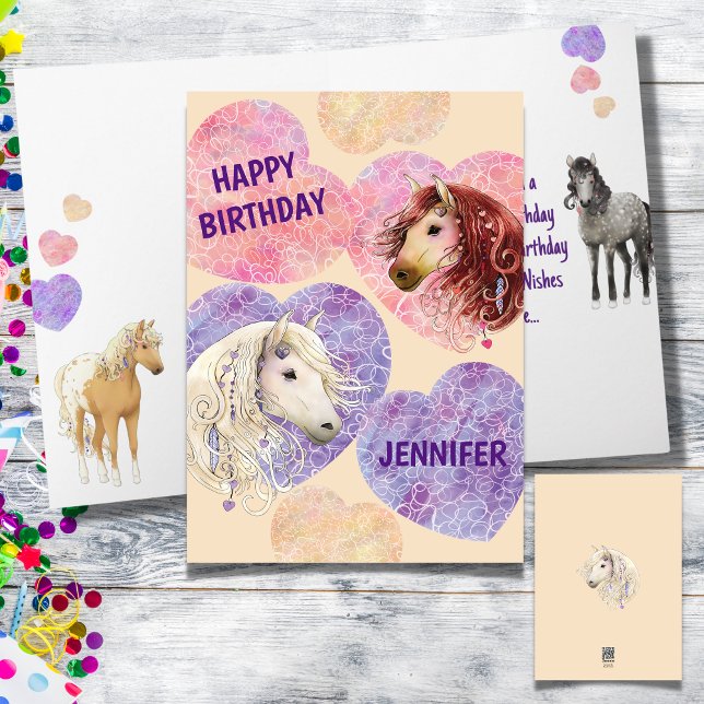 Super cute Boho Ponies Pink Purple Birthday Card (Boho Ponies Birthday Card with Name)