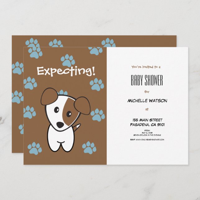 Super Cute Brown and Blue Terrier Baby Shower Invitation (Front/Back)