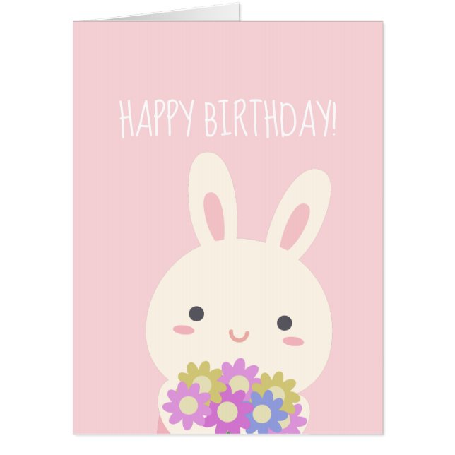 Super Cute Bunny and Flowers Pink Happy Birthday Card (Front)