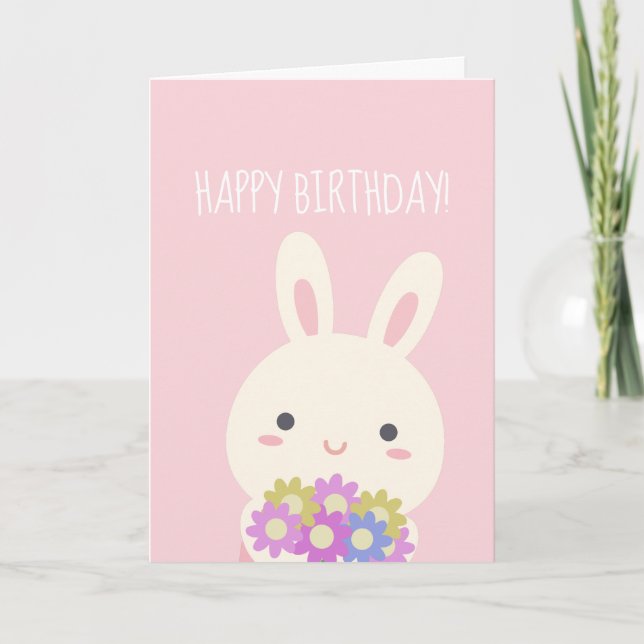 Super Cute Bunny and Flowers Pink Happy Birthday Card (Front)