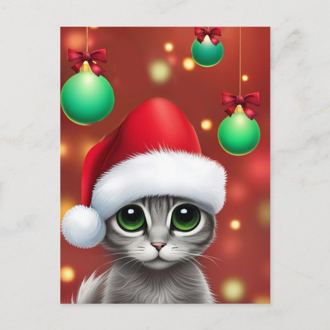 Super Cute Christmas Gray Kitty Holiday Postcard (Front)
