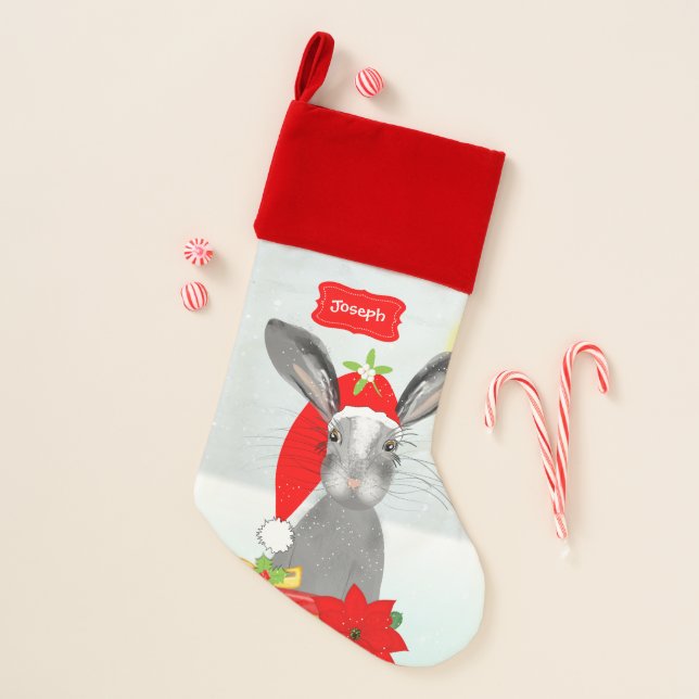 Super Cute Christmas Holiday Bunny Rabbit Editable Christmas Stocking (Front)