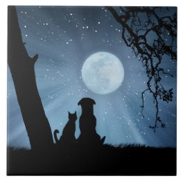 Super cute Dog and Cat with Moon Art Ceramic Tile