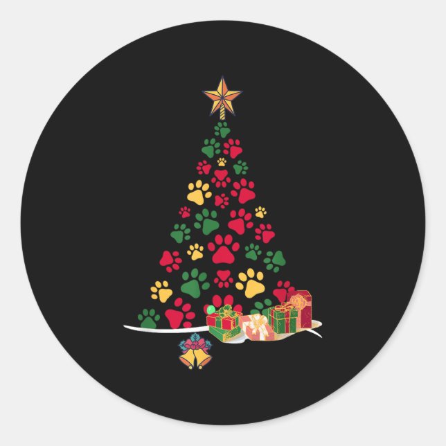 Super Cute Dog Paws Print Christmas Tree  Classic Round Sticker (Front)