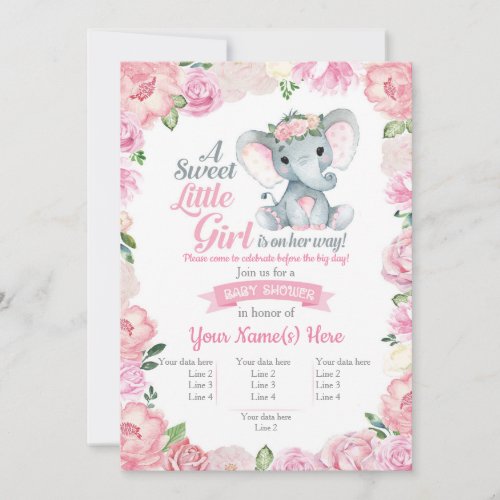 Super Cute Elephant Girl Invitation Floral Card