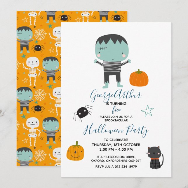 Super Cute Frankenstein boy Halloween Birthday Inv Invitation (Front/Back)