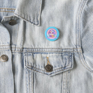 Super Cute Gamer Girl Kawaii Chibi Dog Baby Blue Button