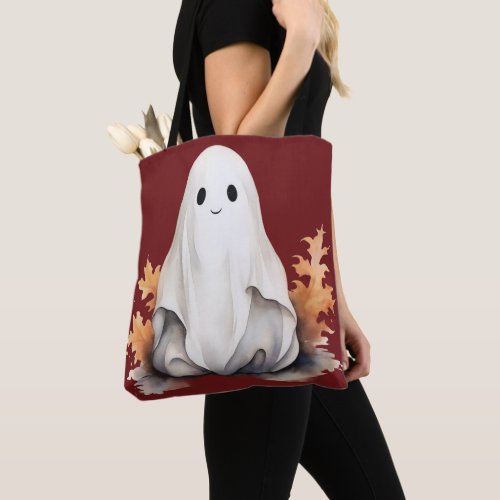 Super Cute Ghost Leaves Autumn Red Halloween Tote Bag