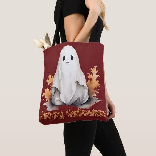Super Cute Ghost Leaves Autumn Red Happy Halloween Tote Bag