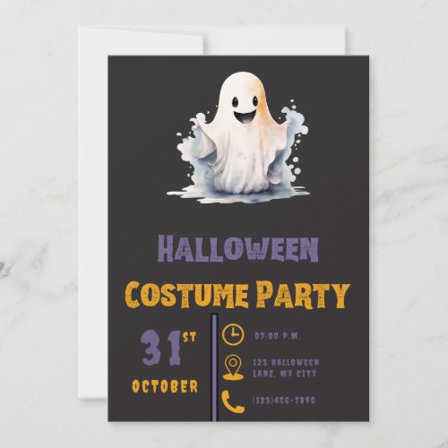 Super Cute Ghost Modern Black Halloween Invitation