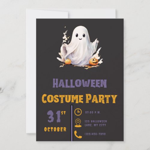 Super Cute Ghost Modern Black Halloween Invitation