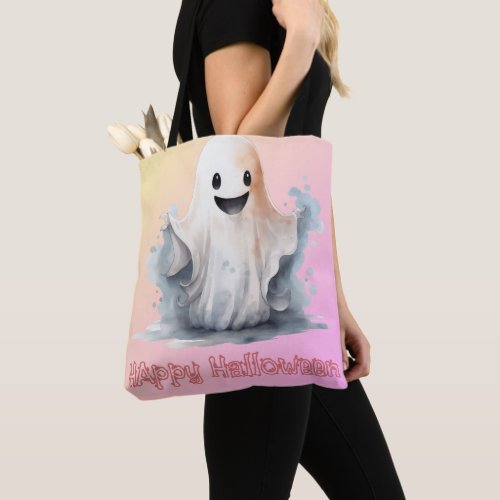 Super Cute Ghost Pink Yellow Ombre Happy Halloween Tote Bag