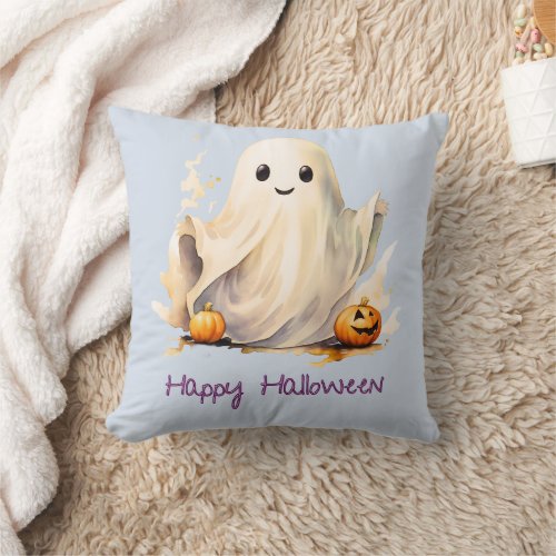 Super Cute Ghost Pumpkins Blue Happy Halloween Throw Pillow
