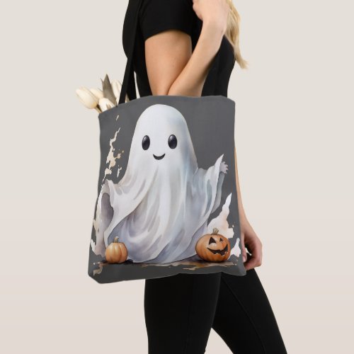 Super Cute Ghost Pumpkins Gray Halloween Tote Bag