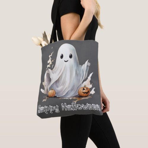 Super Cute Ghost Pumpkins Gray Happy Halloween Tote Bag