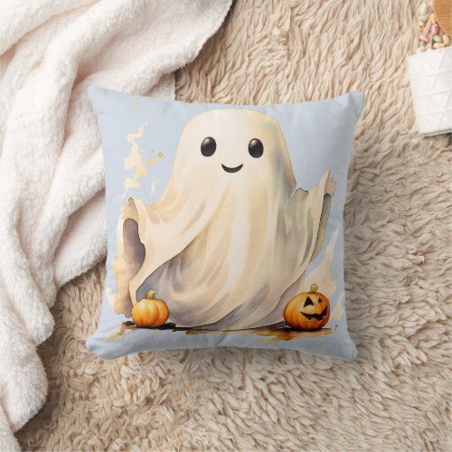 Super Cute Ghost Pumpkins Light Blue Halloween Throw Pillow