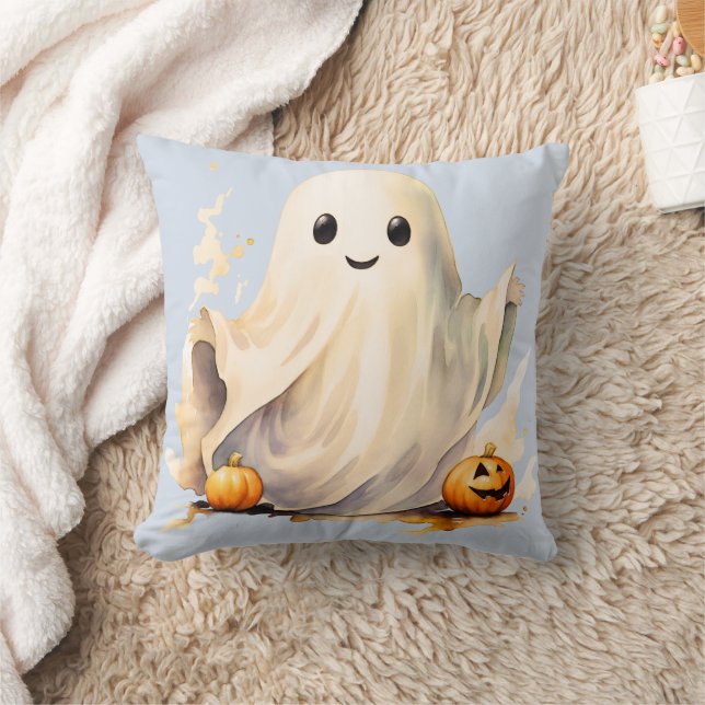 Super Cute Ghost Pumpkins Light Blue Halloween Throw Pillow (Blanket)