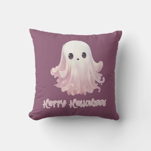 Super Cute Ghost Purple Happy Halloween Throw Pillow