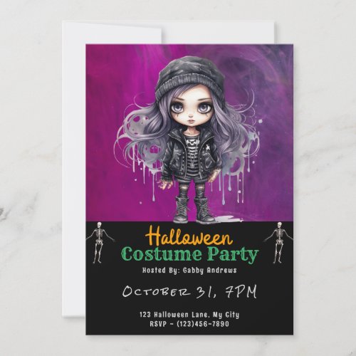 Super Cute Gothic Girl Black Halloween Invitation