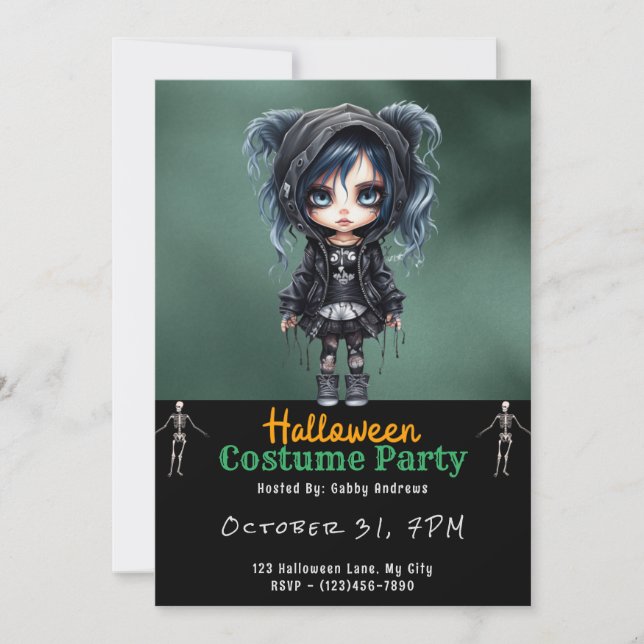 Super Cute Gothic Girl Black Halloween Invitation (Front)