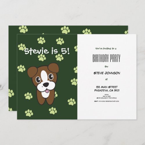 Super Cute Green Boxer Puppy Birthday Invitation