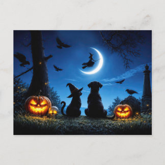Super Cute Halloween Dog and Cat Witchy Holiday Postcard