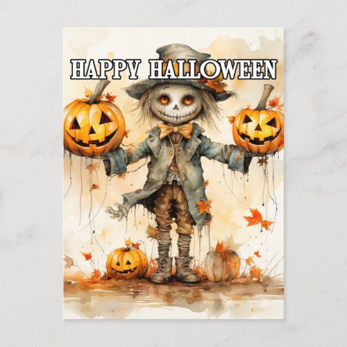 Super Cute Halloween Scarecrow Illustration Postcard