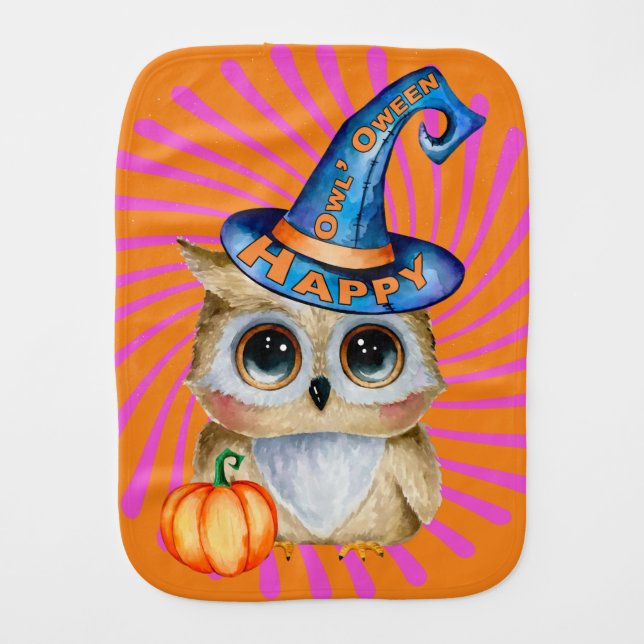 Super Cute Happy Halloween “Owl’Oween” Baby Burp Cloth (Front)