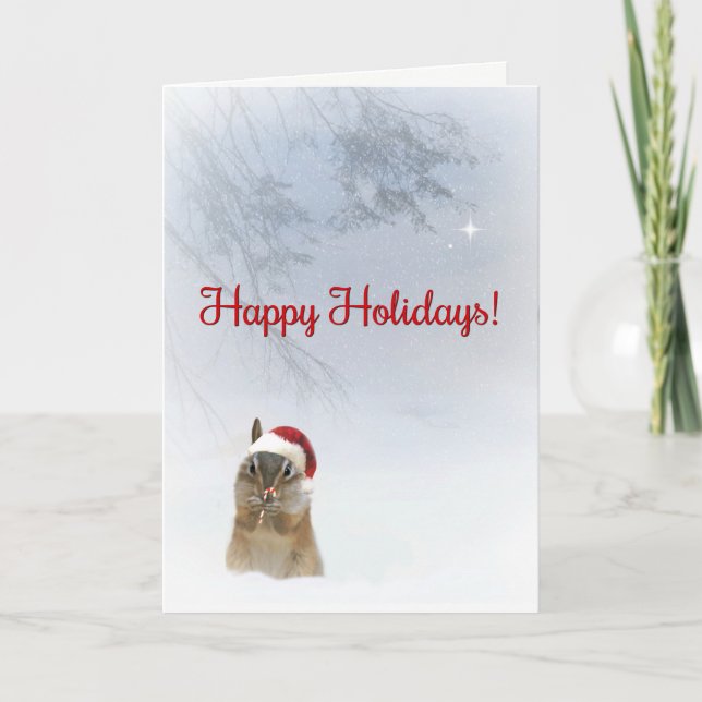 Super Cute Happy Holidays Chipmunk and Candy Cane Holiday Card (Front)