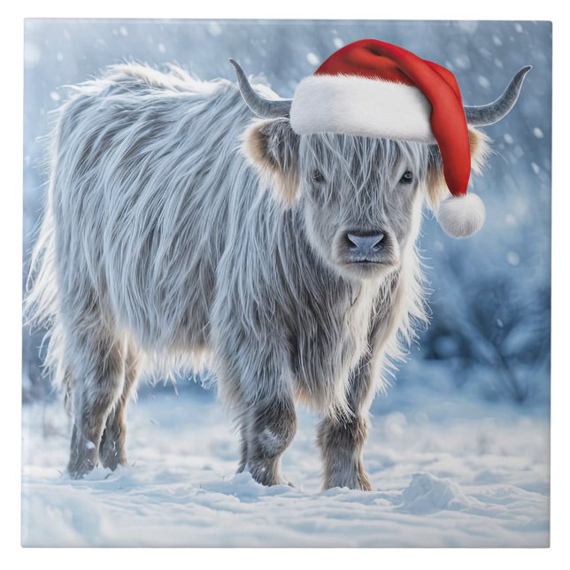Super Cute Highland Calf Christmas Snow Ceramic Tile (Front)