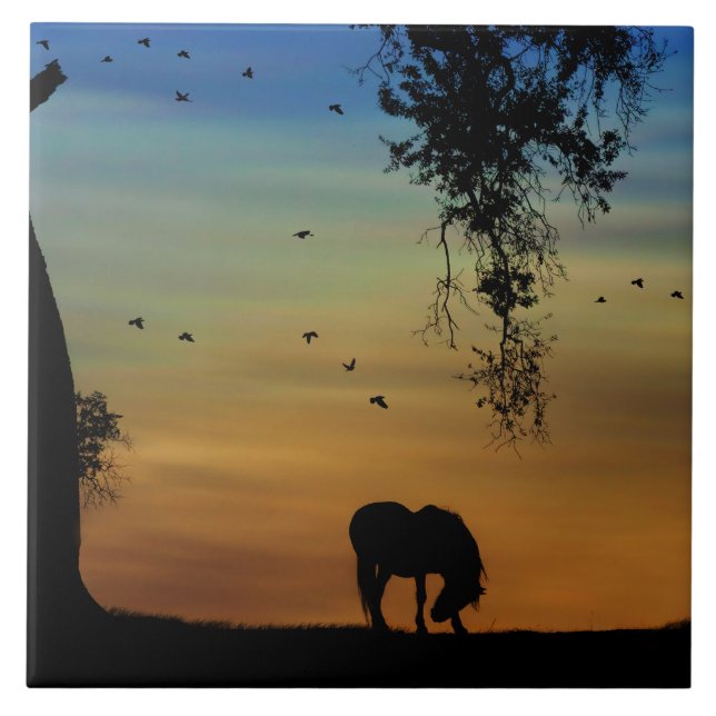 Super Cute Horse and Oak Tree with Birds Ceramic Tile (Front)