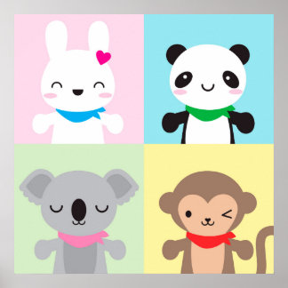 Super Cute Kawaii Animal Mascots Poster
