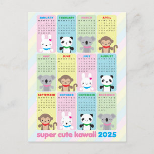Super Cute Kawaii Animals 2025 Calendar Postcard