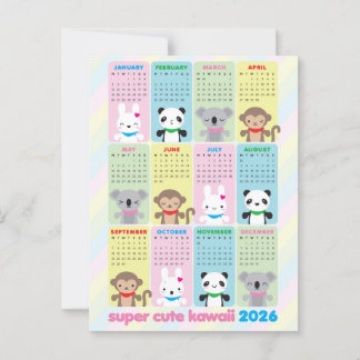 Super Cute Kawaii Animals 2026 Calendar Postcard