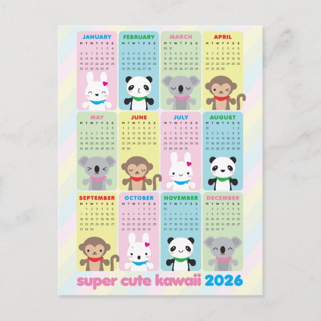 Super Cute Kawaii Animals 2026 Calendar Postcard (Front)
