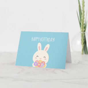 Super Cute Kawaii Bunny & Flowers Happy Birthday Card