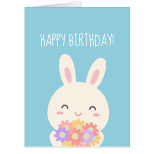 Super Cute Kawaii Bunny & Flowers Happy Birthday Card
