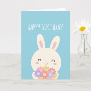 Super Cute Kawaii Bunny & Flowers Happy Birthday Card