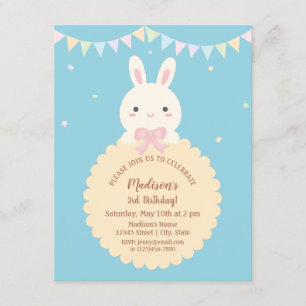Super Cute Kawaii Rabbit Baby Blue Kids Birthday Invitation