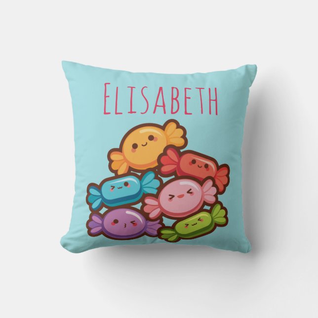 Super cute kawaii rainbow candies monogram throw pillow (Front)