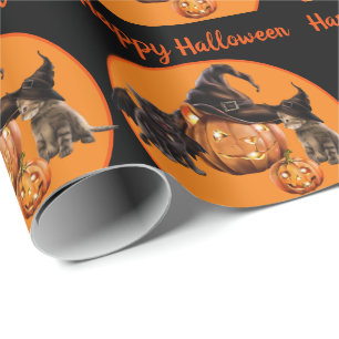 Super Cute Kitty Bat & Witch Halloween Gift Wrapping Paper