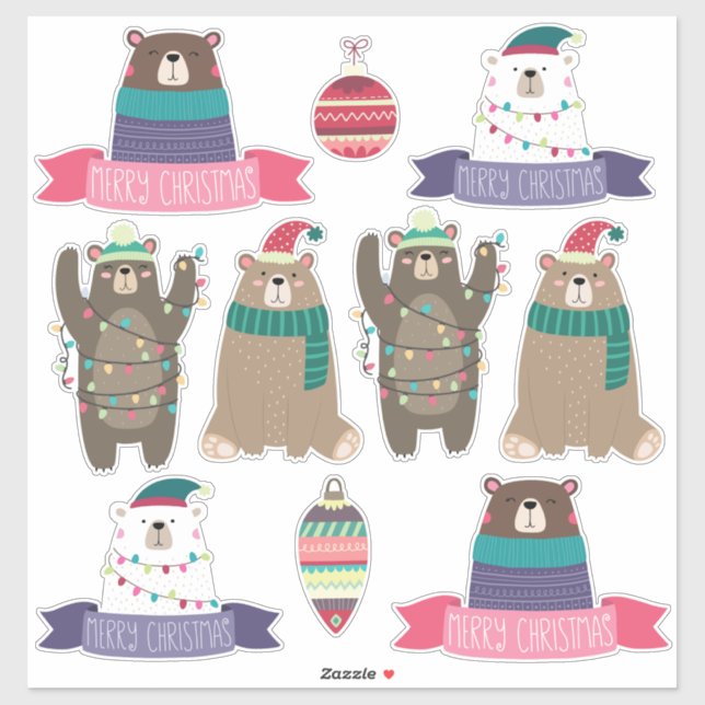 Super cute mixed Christmas Bears Set Sticker (Sheet)